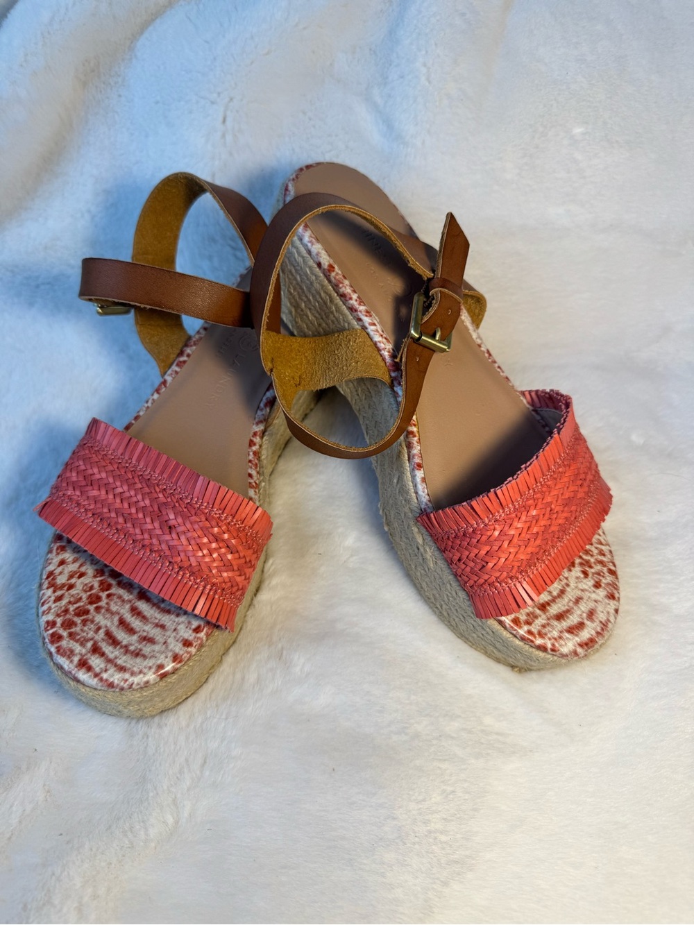 Chinese Laundry Coral and Brown Espadrille Wedges with  Ankle Strap Size 7